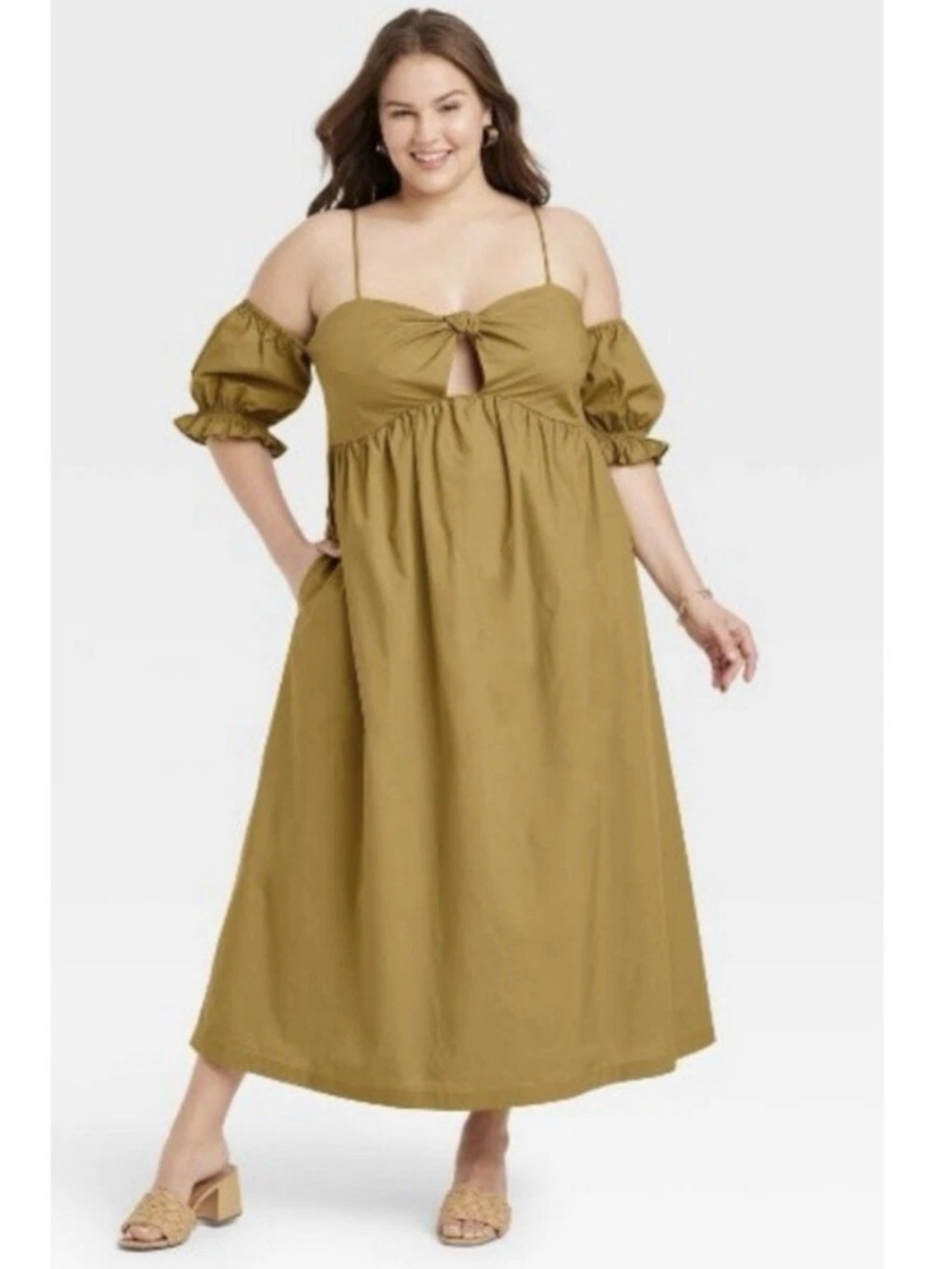 100% Cotton Olive Puff Sleeve Midi Dress with Front Knot XXL